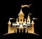 Castle golden silhouette standing on the hill. Abstract fairy tale fortress on black background