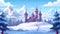 Castle on hill with snow and ice peaks, modern parallax background with cartoon illustration of fairy tale castle with