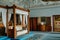 Castle interior bedroom, Secession art nouveau style, wood carved white canopy bed, sofa and stucco on the ceiling, renaissance