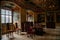 Castle interior. Large Renaissance hall with frescoes, table and chairs against the background of the window. Medieval castle