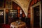 Castle interior, Secession arched painted ceiling, diningroom, metal aluminum tableware, armchair, dining table, wood wall panels