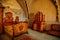 Castle interior, Secession style arched painted ceiling, floral ornaments, secretaire chest of drawers, wooden baroque bed,