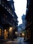 castle interior streets. Medieval city street, alley. transparent background PNG.