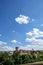 Castle of levizzano Matildic tower and church with fields cultivated with Lambrusco