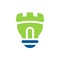 Castle light bulb logo icon, green color lamp symbol, vector illustration design