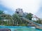 Castle Lion and Tiger Tower face in front of Themepark with beautiful sky