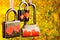 Castle of love â€” a padlock with hearts, a symbol of the feelings of lovers and newlyweds to each other, the pledge of their