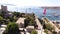 Castle marina aerial yacht Turkish flag drone shot business boat harbor luxury tourism coastline travel Bodrum Mugla, Turkey