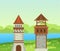 Castle medieval tower. The fairytale medieval tower,princess castle, fortified palace with gates, medieval buildings, historical