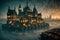 A castle in the middle of a foggy night, a detailed matte painting.