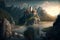 Castle on mountain top by river at sunset, fantasy landscape, illustration, generative AI