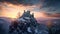 Castle on mountain top in winter, medieval citadel at sunset, generative AI