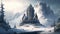 Castle at mountains in winter, image of snowy forest and citadel like watercolor style, generative AI
