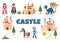 Castle with Prince, Queen and Knight Elements Collection, Majestic Palace Architecture in Cartoon Flat Style Illustration