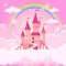 Castle of princess. Fantasy flying palace in pink magic clouds. Fairytale royal medieval heaven palace. Cartoon vector