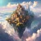 a castle is rising from the clouds over a city in the middle of it