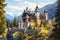 Castle in Romania. Beautiful painting of Peles Castle, Carpathian Mountains scenic landscape