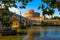 Castle Sant Angelo Mausoleum of Hadrian, bridge Sant Angelo and river Tiber in the rays of sunset in Roma