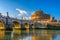 Castle Sant Angelo Mausoleum of Hadrian, bridge Sant Angelo and river Tiber in Roma, Italy.