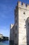 Castle in Sirmione - October 2, 2018: View to the medieval Rocca Scaligera castle 13th century in Sirmione town on Garda lake