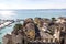 Castle in sirmione top view. View from the top of the castle walls of Scaliger Castle inside Lake Garda. Sirmione, Italy. Nature