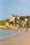 Castle of Tamarit seen from the beach on the sunset, Tarragona province, Catalonia, Spain