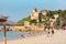 Castle of Tamarit seen from the beach on the sunset, Tarragona province, Catalonia, Spain