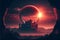 castle of thorn with solar eclipse in dark red sky, digital art style