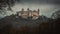 a castle on top of a hill with trees in the foreground and a dark sky in the background with clouds in the sky above