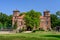 Castle in Toszek, a brick castle from the 15th century, partially reconstructed. View from the green courtyard to the building