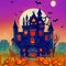 Castle under the moon illustration. Fairytale night castle bright picture. AI-generated