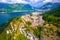 The Castle of the Unnamed (Castello dellâ€™Innominato) above Vercurago, Lecco on Como Lake aerial view