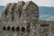 Castle wall battlements of the Ruin Loeffelstelz, or D rrmenz in Muelacker, Germany on the Enz River