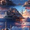 Castle and water in exotic fantasy landscapes with indigo and bronze tones (tiled