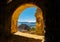 Castle window view in to the beautiful mountainous