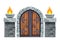 Castle wooden gate, vector medieval dungeon entrance, stone arch, brick pillars, fire, iron handle.