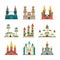 Castles medieval. Fairytale dome palace with big towers vector pictures of medieval constructions in flat style
