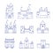 Castles. Medieval old buildings ancient old tower architecture vector line drawn pictures collection