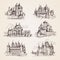 Castles medieval. Old tower buildings vintage architecture ancient gothic castles vector hand drawn illustrations