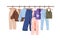 Casual clothes on hanger rail, rack. Modern women wardrobe, spring and summer wearing row. Trendy female apparel