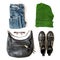 Casual clothes jeans pullover bag shoes social media flat lay