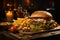 Casual diner charm, fresh burger and fries on a rustic table