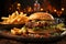 Casual diner charm, fresh burger and fries on a rustic table