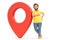 Casual dressed man leaned on map location pin. Navigation concept. Isolated. 3D Rendering