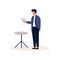 casual employee standing with paper in front of table for business meeting presentation tiny people vector flat illustration