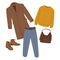 Casual fall outfit. Cartoon fashion clothing, wool coat, sweater, tailored pants and accessories, casual garments look flat vector