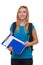 Casual girl female student with bag backpack notebook book isolated