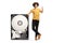 Casual guy leaning on a hard disk and gesturing thumbs up