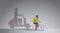 Casual guy riding bike shadow of man on motor scooter imagination aspiration concept male cartoon character full length
