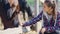 Casual happy woman petting horse on countryside farm or ranch